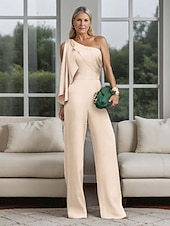 abordables Combinaisons pour maman-Combinaison  Pantalon de maman de la mariée Invitée de mariage élégante simple minimaliste épaule unique longueur de sol polyester sans manches avec nœud(s) volants couleur unie