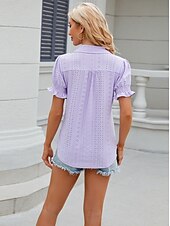 cheap Lace Tops-Women&#039;s Boho T-shirt Plain Bohemia Cute Stylish Short Sleeve Puff Sleeve V Neck Shirt Collar Regular Tops Daily Going out Weekend Ruffle Eyelet Sage Green Black White Pink Wine Summer