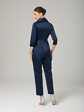 cheap Mom&#039;s Jumpsuits-Jumpsuit / Pantsuit Mother of the Bride  Elegant Party Simple Shirt Collar Ankle Length Satin 3/4 Length Sleeve with Bow(s)