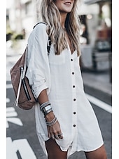 voordelige Overhemden-dames linnen-geïnspireerde overhemden jas comfortabel knopen casual effen kleur dagelijks dragen enkelrijs lange v-hals losse pasvorm lange mouw bovenkleding zwart wit lente