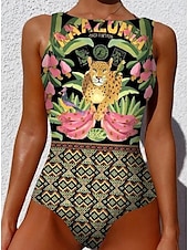 billiga One-piece-baddräkter-Damernas baddräkter En-delad Monokini baddräkt Rygglös Stomach Control Hög midja Slank Semester Strandkläder Grafisk Djur Rund hals ärmlösa baddräkter