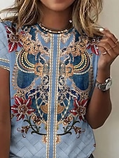 billige Boho t-skjorte-Dame T skjorte Grafisk Årgang Elegant Årgang Mote Kortermet Rund hals Vanlige topper Daglig Ut på byen Helg Trykt mønster Dusty Blue Sommer