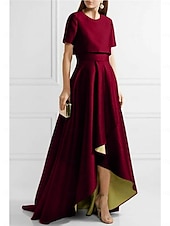 preiswerte Mamas Kleidersets-Zweiteiliges Sheath Mutter der Braut Kleid Hochzeitsgast Kirche Elegant Einfach Hoch Low Juwel-Hals Asymmetrisch Taffeta Kurzarm mit Falten Einfarbig 2025 kostenlose Maßanfertigung