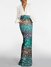 voordelige Roze-Zeemeermin  Trompet Avondjurk Elegante Jurk Formele Bruiloft Vloerlengte Lange Bubbelmouw Plunge Hals Riem  Sjerp Met Ombre Gesequinned Rok