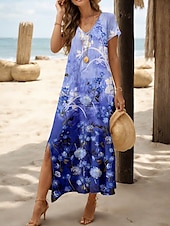 cheap Floral Dress-Women&#039;s Maxi Dress Casual Dress Sundress A Line Dress Stylish Casual Vacation Daily Regular Fit Floral Short Sleeve V Neck Navy Blue Spring Fall