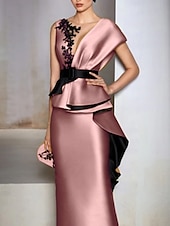 abordables JAUNE-Robe de soirée fourreau élégante robe formelle invitée à un mariage longueur sol manches courtes décolleté en V en satin avec volants broderies et appliqués 2025