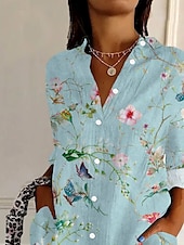 preiswerte Blumenoberteile-Damenhemd Langarm Button-Down-Bluse Blumen Grafik Täglich Stylisch Retro Vintage 3/4-Länge Ärmel Hemd Kragen Reguläre Oberteile Täglich Urlaub Ausgehen Knopf Druck Hellblau Sommer Frühling