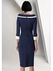 cheap Tea Length-Sheath / Column Mother of the Bride Dress Elegant Vintage Simple Off Shoulder Tea Length Crepe 3/4 Length Sleeve Jacket Dresses with Ruffles Color Block Race Day Dress