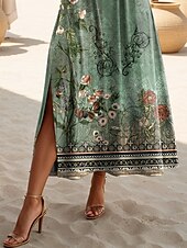 levne Boho šaty-Dámské maxi šaty T tričko šaty Tee šaty Sundress Shift šaty Letní šaty Bohemia Dovolená Party Dovolená Pravidelný střih Vintage Bohemian Krátký rukáv Kruhový výstřih Šedozelené Léto Jaro