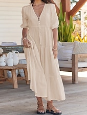 cheap Casual Dress-Women&#039;s Maxi Dress Casual Dress Swing Dress A Line Dress Casual Vacation Daily Regular Fit Plain Short Sleeve V Neck Black Navy Blue Fuchsia Green Summer