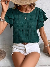cheap Work Tops-Women&#039;s Blouse Solid Color Elegant Daily Stylish Short Sleeve Crew Neck Regular Tops Daily Holiday Going out Ruffle Patchwork Sage Green Red Navy Blue Purple Green Summer Spring