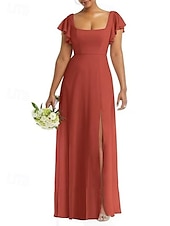 baratos Vestidos para Madrinhas-Linha A Vestido de Madrinha Scoop pescoço Manga Curta Elegante Longo Chiffon / Elastano com Fru-Fru / Pregueado / Fenda Frontal 2022