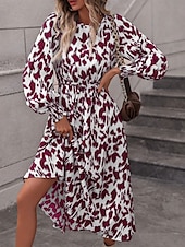 olcso Művészet és Design Ruha-Női Midi ruha A vonalú ruha Puff ujjú ruha Elegáns Szabadság Stílusos Puffos Vakáció Hétköznapi Napi Normál Grafika Hosszú ujj Terített nyak Fehér Rubin Barna Nyár