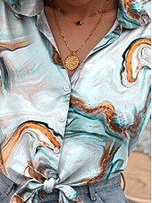 voordelige Vrouwen&#039;s Kunst &amp; Design Tops-Dames Overhemd Tie Dye Abstract Casual Lange mouw Overhemdkraag Normale tops Werk Dagelijks Knop Afdrukken Licht Blauw Lente Herfst Winter