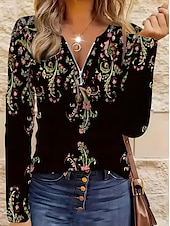 cheap Boho tee-Women&#039;s T Shirt Graphic Tribal Vintage Bohemia Tropical Hawaiian Long Sleeve V Neck Regular Tops Daily Going out Weekend Zipper Print Black Spring Fall