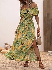 preiswerte Blumenkleider-Damen Midi Kleid Korsett Kleid Rüschens Kleid Off-the-Shoulder Kleid Urlaub Strand Urlaub Täglicher Regular Fit Grafik Kurzarm Off-Shoulder Gelb Hellgrün Himmelblau Orange Sommer