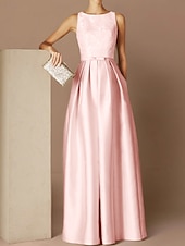 preiswerte Sekt-Strandhochzeit A-Linie Abendkleid Elegantes Kleid Formelle Abend Bodenlanger Ärmellos Schmuck-Ausschnitt Herbst Hochzeitsgast Satin mit Gurt/Ribbon Falten Applikationen 2025