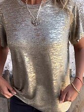 baratos Camiseta lisa-Mulheres Camiseta Tecido Moda Moderno Casual Manga Curta Gola Redonda Tops regulares Diário Final de semana Paetês Prata Preto Dourado Arco-íris Verão Primavera