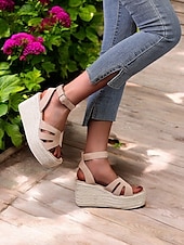 olcso Nyári szandálok-női espadrille platform ékszandál – nyitott orrú bokapántos nyári cipő hétköznapi, strand- és nyaralási viselethez