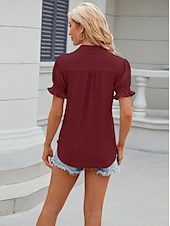 cheap Lace Tops-Women&#039;s Boho T-shirt Plain Bohemia Cute Stylish Short Sleeve Puff Sleeve V Neck Shirt Collar Regular Tops Daily Going out Weekend Ruffle Eyelet Sage Green Black White Pink Wine Summer