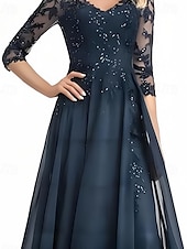 cheap Floor Length-A-Line Mother of the Bride Dress Wedding Guest Elegant V Neck Floor Length Chiffon 3/4 Length Sleeve with Beading Appliques