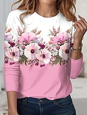 billige Blomster t-skjorte-Dame T skjorte Blomstret Elegant Årgang Mote Langermet Crew-hals Vanlige topper Daglig Ut på byen Helg Trykt mønster Rosa Sommer Vår