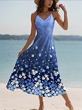 economico Abiti floreali-Per donna Vestito maxi Abito linea A Abito sottoveste Festività Informale Da mare Informale Giornaliero Standard Ambra Floreale Pop art Senza maniche A V Blu Estate Primavera