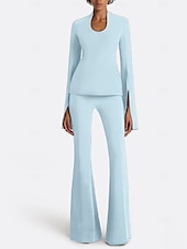 economico Tailleur pantalone della mamma-Completo in due pezzi tuta  completo pantaloni madre della sposa elegante scollo a gioiello lunghezza pavimento in tessuto elasticizzato maniche corte con colore solido