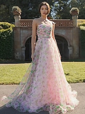 billiga Balklänningar-Rosa Blommig A-linjead Prom Klänningar Chiffon Elegant Formell Bröllop Klänning Gäst Golvlång Ärmlös Axelbandslös Bröllopsgästklänning