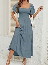 economico Vestito Semplice-Abito Midi Femminile Abito A Linea Abito a Colore Unito Abito da Latte Abito Off The Shoulder Abito Manica Puff Vacanza Vacanza Fit Regolare Semplice Senza Maniche Collo a V Nero Verde Chiaro Rosa