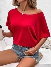 abordables T-shirt uni-T- shirt pour femmes Couleur Unie Basique Décontractée Manches 3/4 Col Ronde Hauts Quotidiens Noir Rouge Abricot Gris Été Printemps