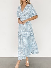 olcso Alkalmi virágos ruhák-Női Midi ruha hétköznapi ruha Boho elegáns ruhák Boho ruha Csehország Szüret Stílusos Vakáció Hétköznapi Napi Normál Csík Rövid ujjú V-alakú Fekete Világoszöld Világoskék Nyár Tavasz