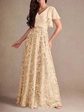 abordables Longueur du plancher-Robe de mère de la mariée trapèze élégante vintage simple col en V longueur au sol en mousseline de soie à volants manches courtes avec dentelle florale paillettes 2025