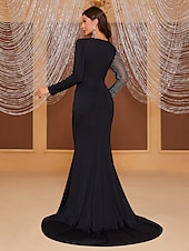 preiswerte SCHWARZ-Meerjungfrau  Trompete Abendkleid elegantes Kleid formelle Abendveranstaltung Court Train lange Ärmel Rundhals Stretch-Crepe mit Kristallen 2025