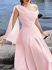 abordables Robes de cocktail-Robe de plage A-Line Robes cocktail Élégante Robe Invité de mariage Longueur thé Sans manches Col chauve-souris Tissu extensible avec volants Robes