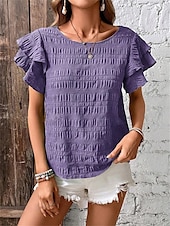 cheap Work Tops-Women&#039;s Blouse Solid Color Elegant Daily Stylish Short Sleeve Crew Neck Regular Tops Daily Holiday Going out Ruffle Patchwork Sage Green Red Navy Blue Purple Green Summer Spring