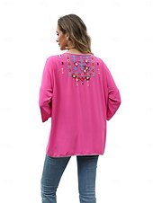 billige Boho topper-Dame Boho skjorte Helfarge Blomstret Bohem Daglig Luksuriøs 3/4 ermer 3/4-ermer Crew-hals Vanlige topper Arbeid Daglig Ut på byen Broderi Svart Gul Rose Rosa Sommer