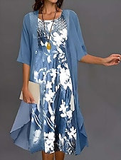 preiswerte Blumenkleid-Damen Abschlusskleid Midi Kleid Chiffon Kleid Shift Kleid Elegante Party Formal Urlaub Hochzeitsgast Lockere Passform Floral Halblange Ärmel Rundhalsausschnitt Blau Sommer Frühling Herbst