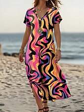 billige Kunst og Design Kjoler-Dame Maxikjole Uformell kjole Kjole med A-linje Stilfull Fritid Feriereise Daglig Normal Geometrisk Kortermet V-hals Regnbue Sommer Vår