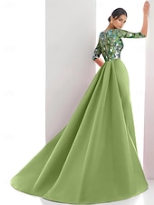 cheap GREEN-A-Line Evening Gown Elegant Dress Beaded Gown Formal Wedding Sweep / Brush Train Half Sleeve Boat Neck Satin with Slit Beaded Lace Appliques 2025