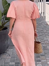 cheap Plain Dress-Women&#039;s Maxi Dress A Line Dress Solid Color Summer Dress Puff Sleeve Dress Basic Casual Puff Sleeve Vacation Daily Regular Fit Graphic Short Sleeve V Neck Black White Yellow Pink Summer