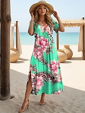 cheap Floral Dress-Women&#039;s Maxi Dress Long Sleeve Boho Dress Elegant Vintage Butterfly Sleeve Vacation Beach Regular Fit Floral Leopard Vintage Short Sleeve Crew Neck Pink Blue Green Summer