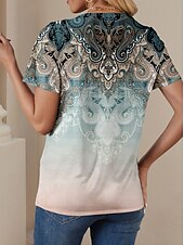 billige Boho t-skjorte-Dame T skjorte Blomstret Grafisk Årgang Stilfull Fritid Kortermet Crew-hals Vanlige topper Daglig Ut på byen Helg Trykt mønster Blå Sommer Vår