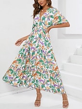 billiga Eleganta blommiga klänningar-Dam Maxiklänning Vardagsklänning A linjeklänning Stylish Ledigt Semester Dagligen Normal Blommig Halvlång ärm V-hals Blå Sommar