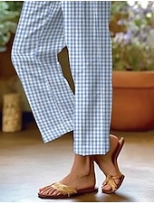 abordables Pantalon droit-Pantalons en Coton Lin pour Femmes Pantalons Amples Similaires au Lin Mode Streetwear Longueur Complète Taille Haute Imprimé Graphique à Carreaux thermique Chaud Respirant Doux Micro-élastique