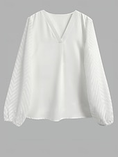 voordelige Dames eenvoudige tops-Dames Overhemd Blouse Effen Kleur Stijlvol Casual Lange mouw V-hals Normale tops Dagelijks Kant Lapwerk Wit Zomer Lente