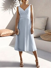 cheap Cocktail Dresses-A-Line Cocktail Dresses Elegant Dress Formal Wedding Guest Tea Length Sleeveless V Neck Chiffon with Ruched Pure Color Dresses