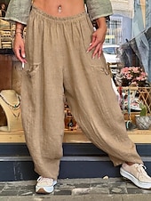 cheap Plain Cotton Linen Pant-Women&#039;s Cotton Linen Pants Chinos Fashion Basic Full Length Medium Waist Plain Pocket Drawstring Comfort Outdoor Micro-elastic Vacation Street Daily Black Orange Khaki Summer Spring Regular Fit