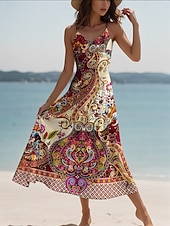 ieftine Rochii boho-Pentru femei Rochie Maxi Rochie casual Rochie A line Vacanță Epocă Έθνικ Zilnic Fit regulat Grafic Epocă Boem Fără manșon În V Roz Îmbujorat Albastru piscină Mov Trifoi Vară Primăvară Toamnă