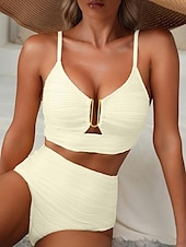 cheap Bikini Sets-Women&#039;s Swimsuits Bikini 2 Piece Briefs Swimsuit Backless Slim High Waisted Vacation Beach Wear Solid Color V Neck Sleeveless Bathing Suits